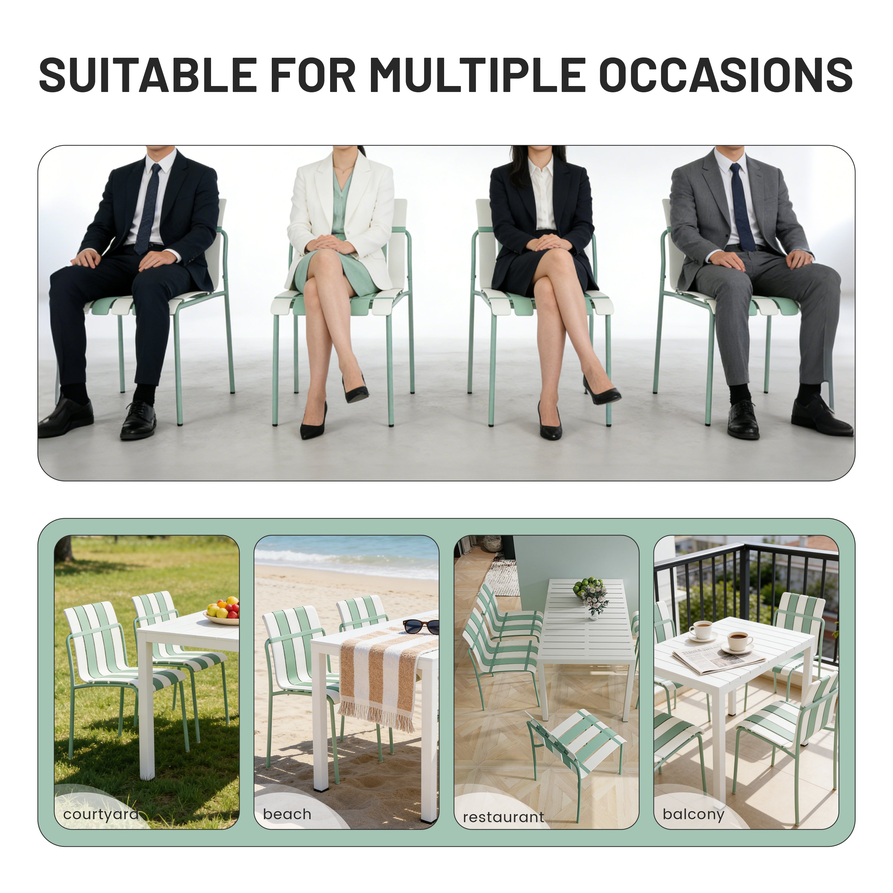 Été - 4-Pack Chaises de bloc de couleur rayé moderne - Siège PP étanche et jambes en métal robuste