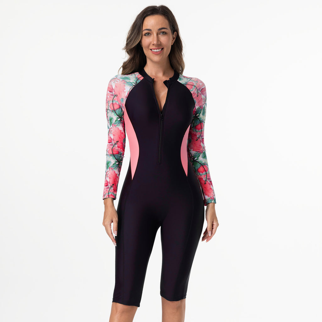 Maillot de bain zippé à manches longues imprimé Modeste pour femmes