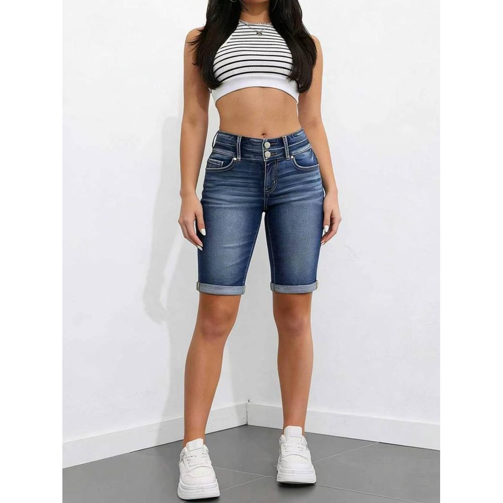 Dark Wash Double Button High Waist Denim Bermuda Shorts Women Cuffed Hem Slim Knee Length