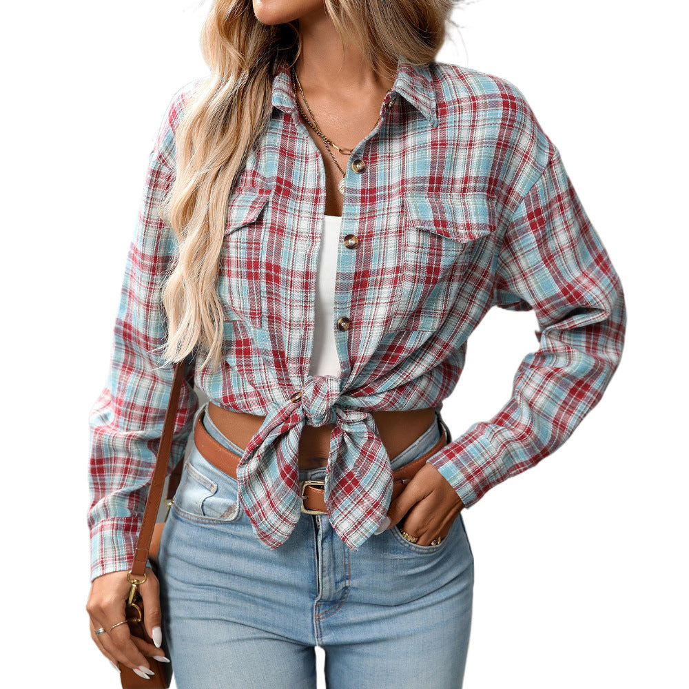 Autumn And Winter European and American Clothing Casual Fashion Loose Plaid Pocket Shirt F