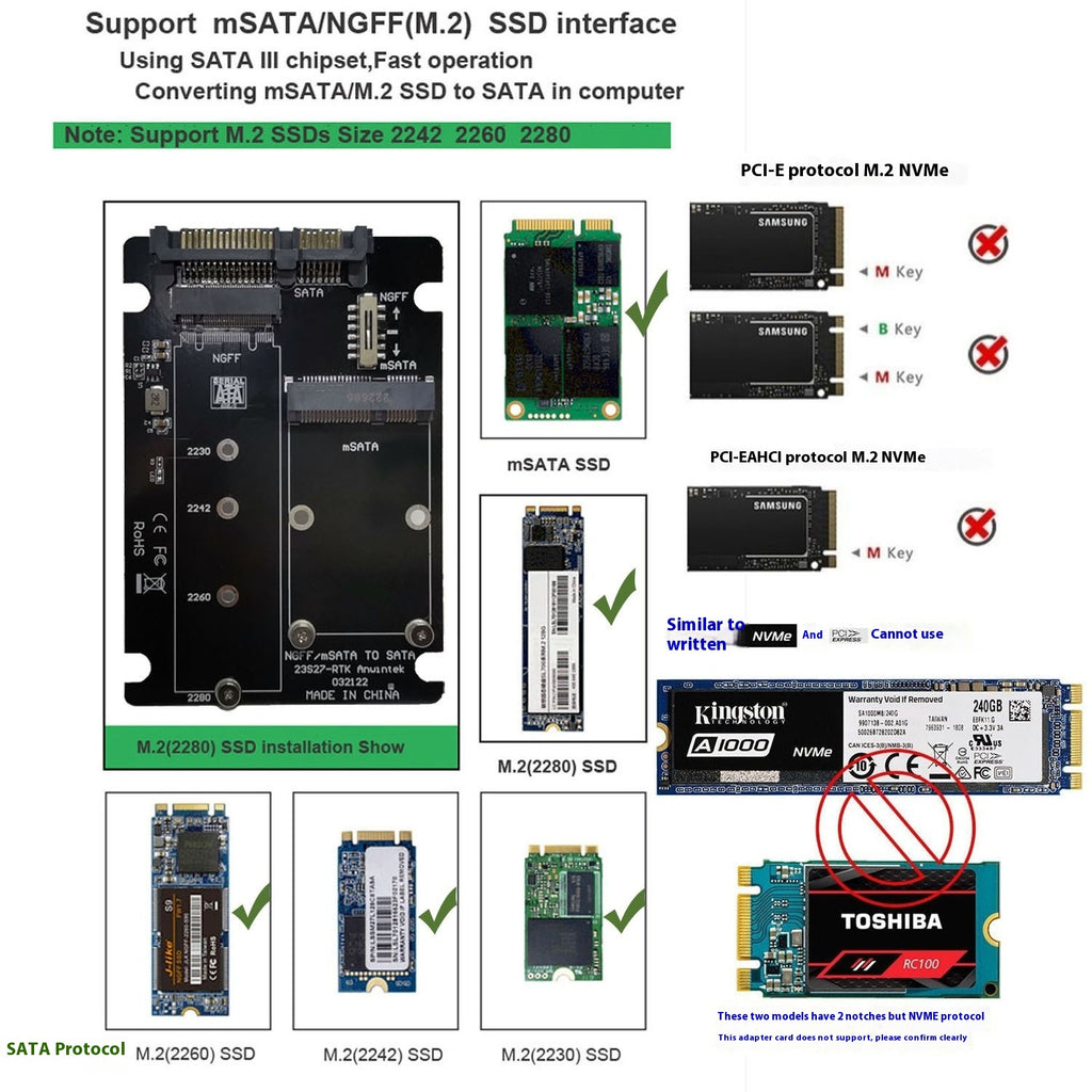 Carte d'adaptateur SSD pour disque dur à l'état solide MSATAm2 N