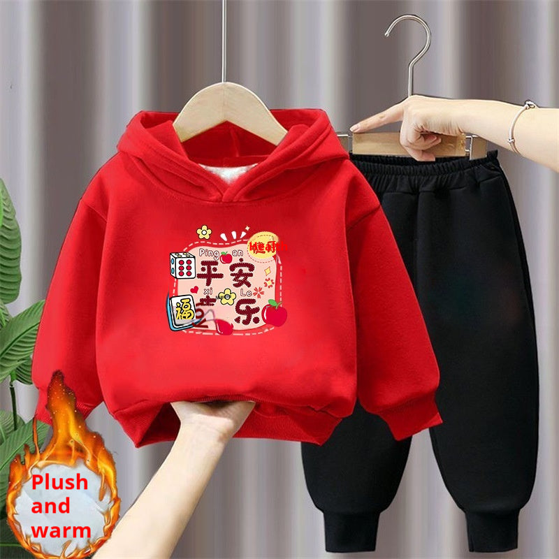 Ensemble de deux pièces à capuche et à sweatpants rouge festifs de style chinois doublé de polaire