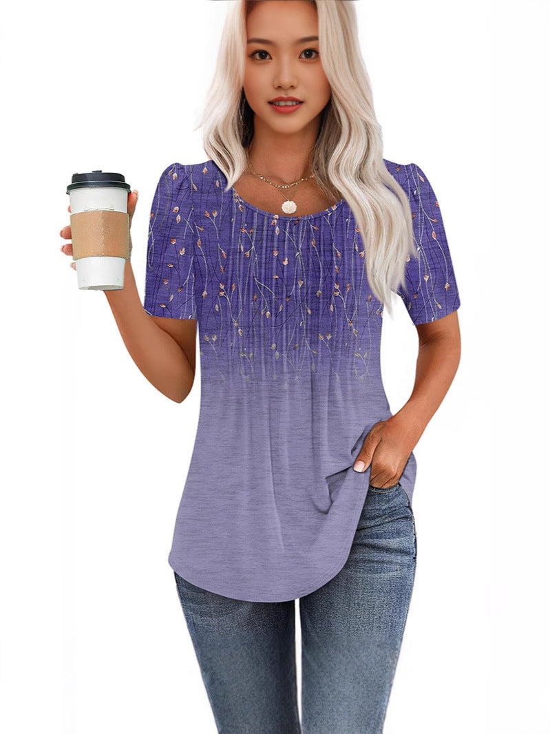 T-shirt à manches courtes à col rond plissé Top femme
