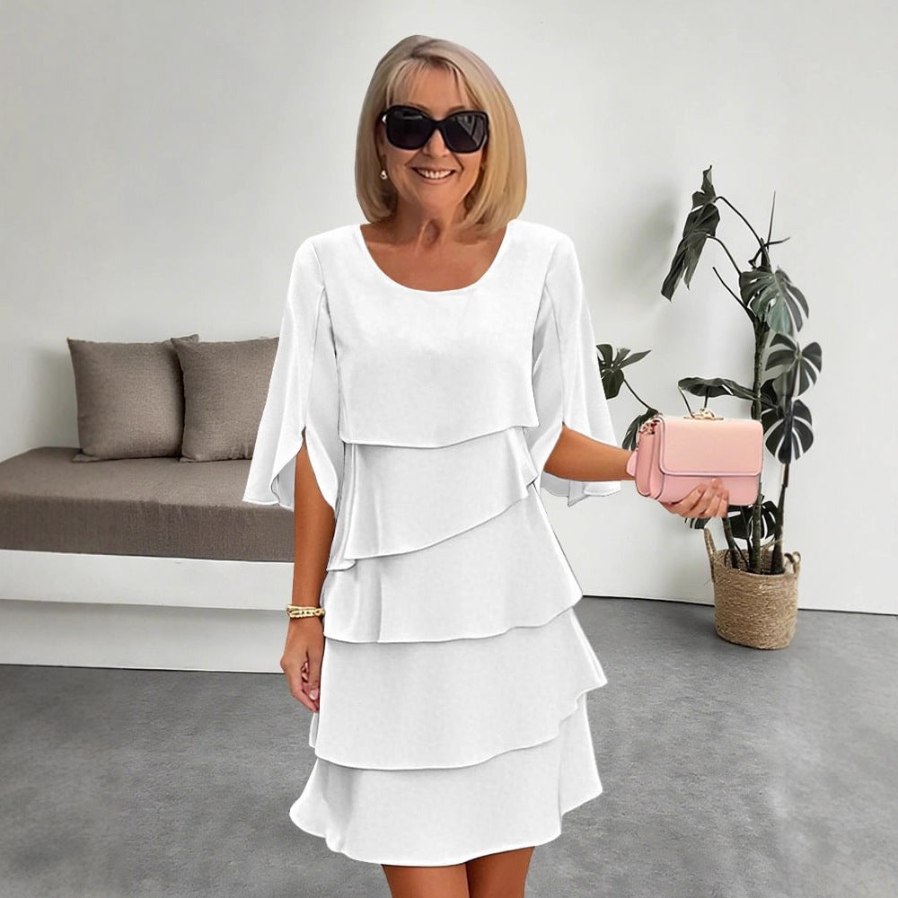 Printemps Été Mode Solide Couleur Col rond Robe éclaboussée à plusieurs niveaux pour les femmes