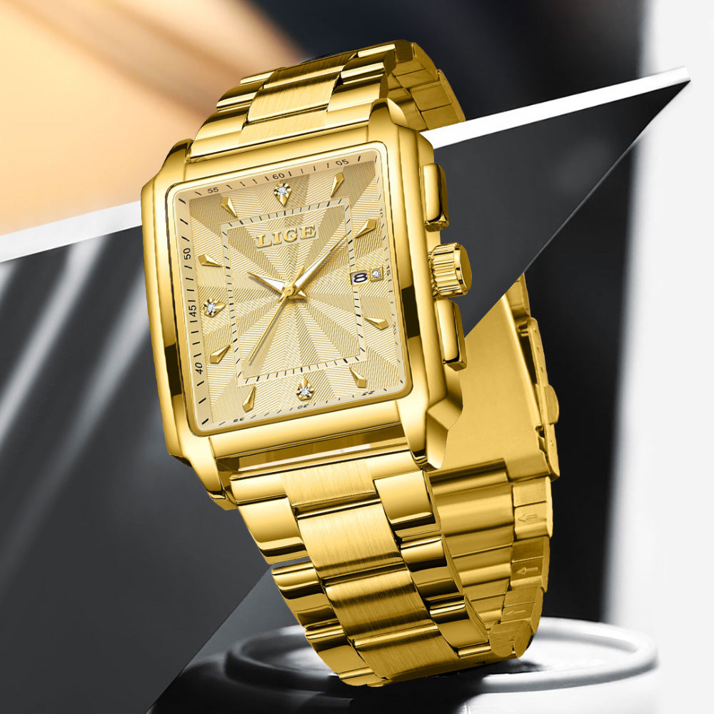 Montre simple de ceinture en acier à cadran grand carré pour hommes