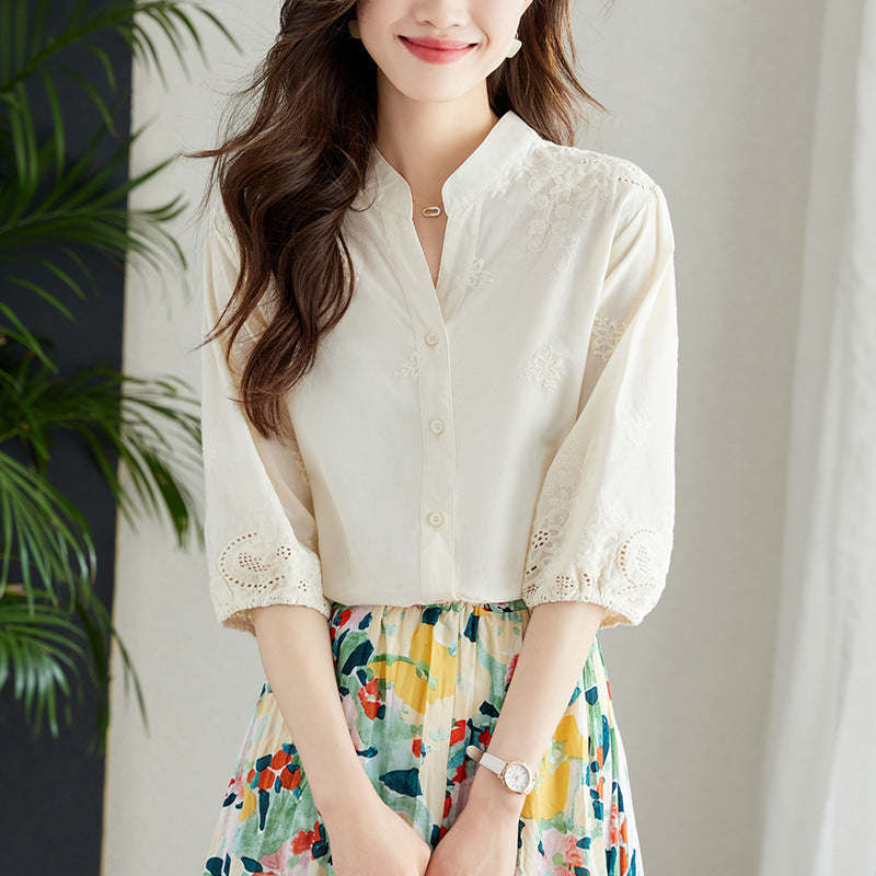 Blouse blanche à col V Manches à trois quarts Arrivée Coton pur