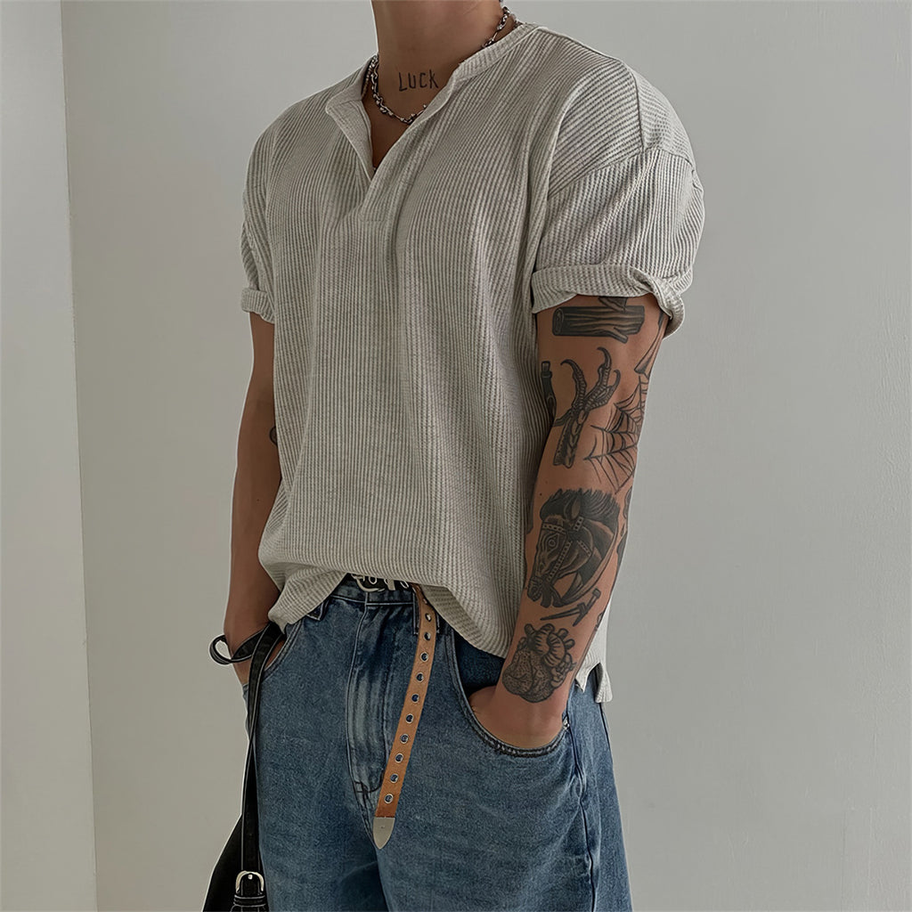 Henry Collar Waffled T-shirt à manches courtes Style américain d'été pour hommes Base simple Top Lig