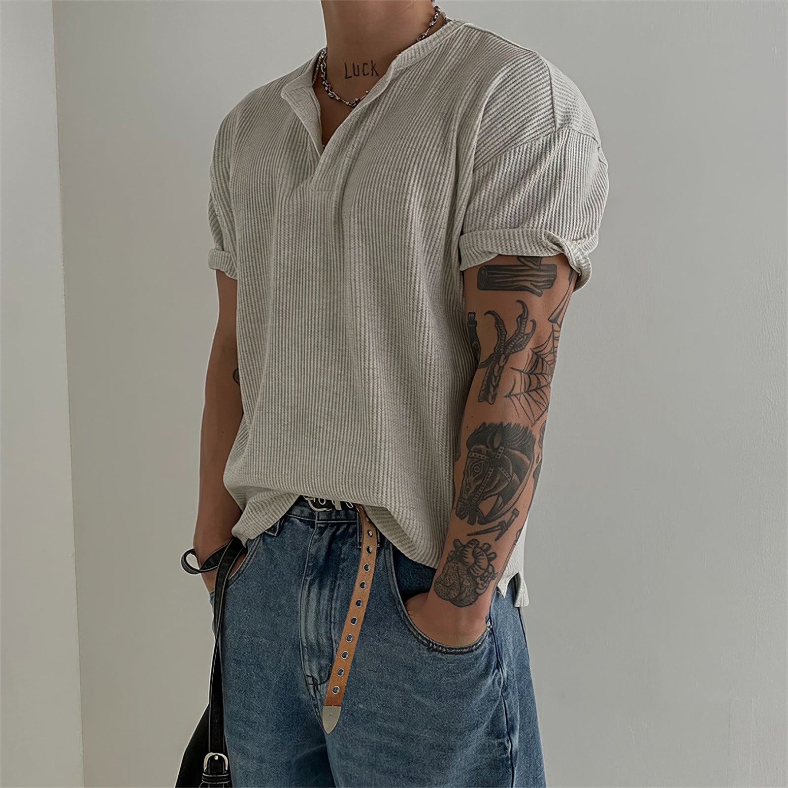 Henry Collar Waffled T-shirt à manches courtes Style américain d'été pour hommes Base simple Top Lig