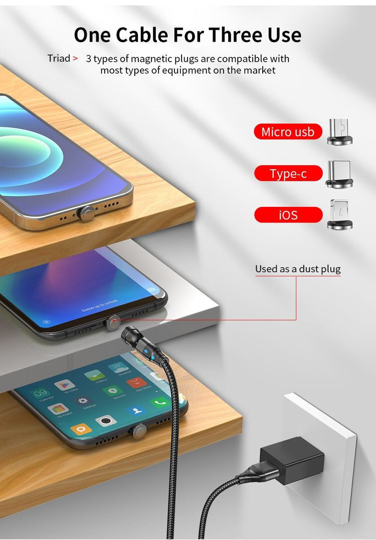 Câble de données magnétique 3-en-1 540 Connecteur rotatif 5A Charge rapide