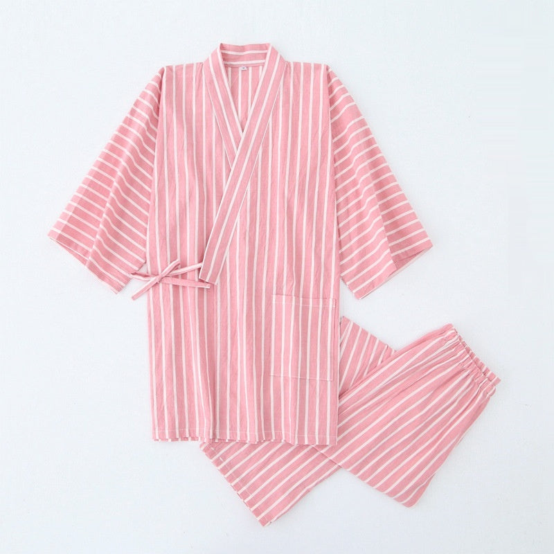 Coton Lavé Pyjama costume mince rayé hommes et femmes japonais couple Kimono pantalons