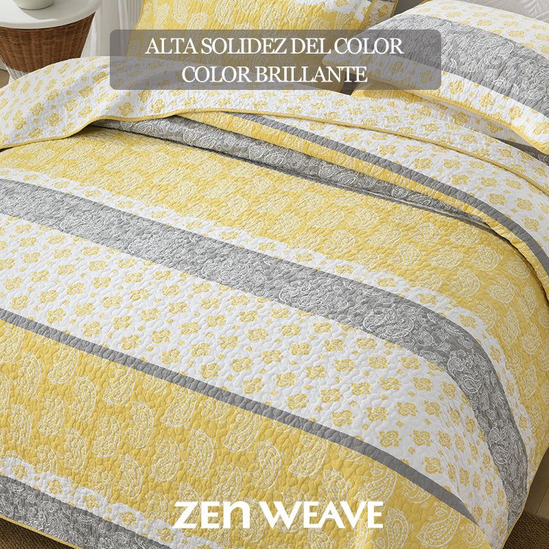 3-piece reversible cotton boutis bedspread, paisley pattern