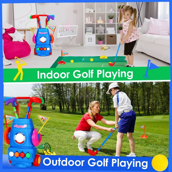 Jeu de golf pour tout-petits avec 4 Balles 4 Clubs 2 Trous 2 Drapeaux Golf Panier Golf intérieur en plein air