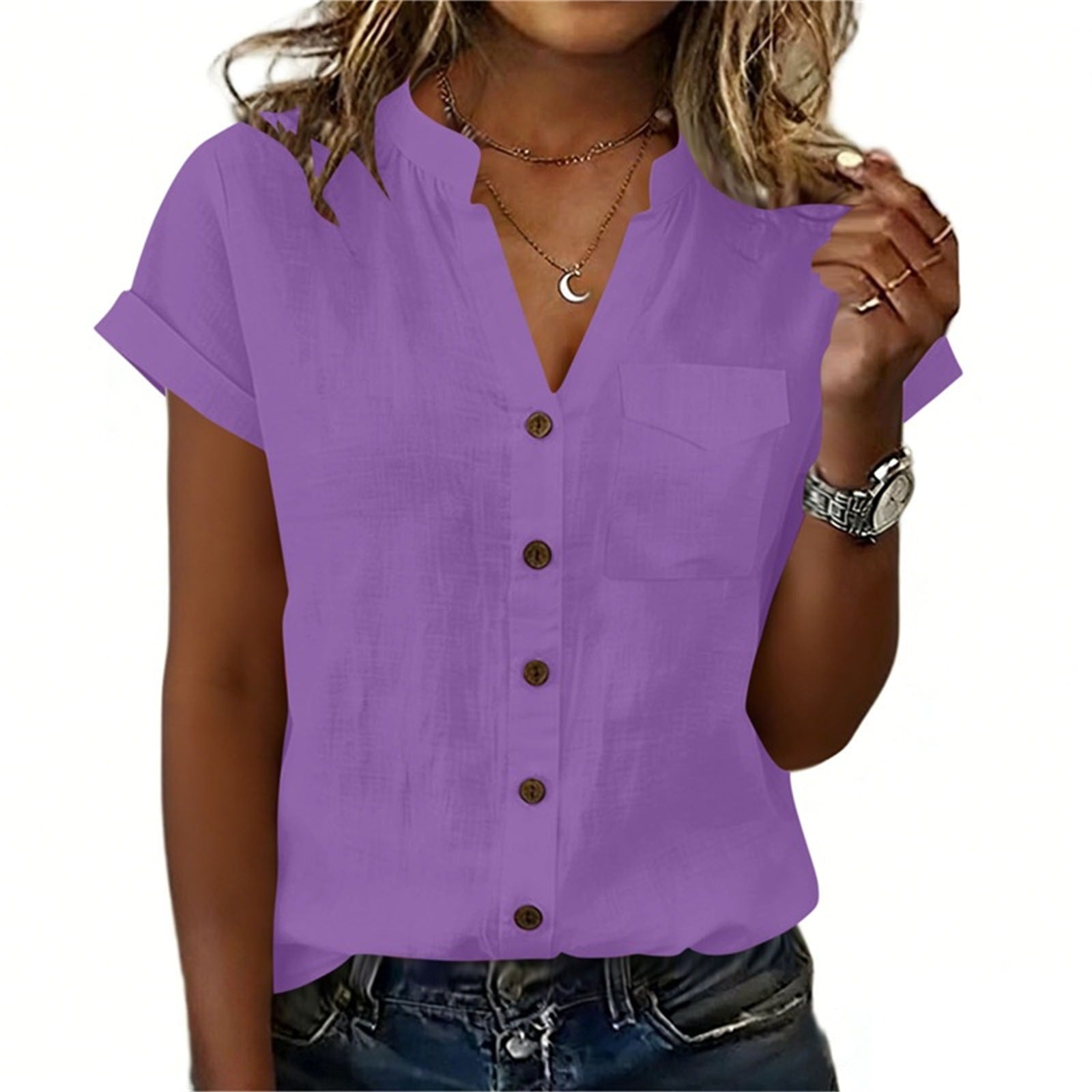 Chemise à manches courtes Elegant Solid Couleur pour femme avec poches
