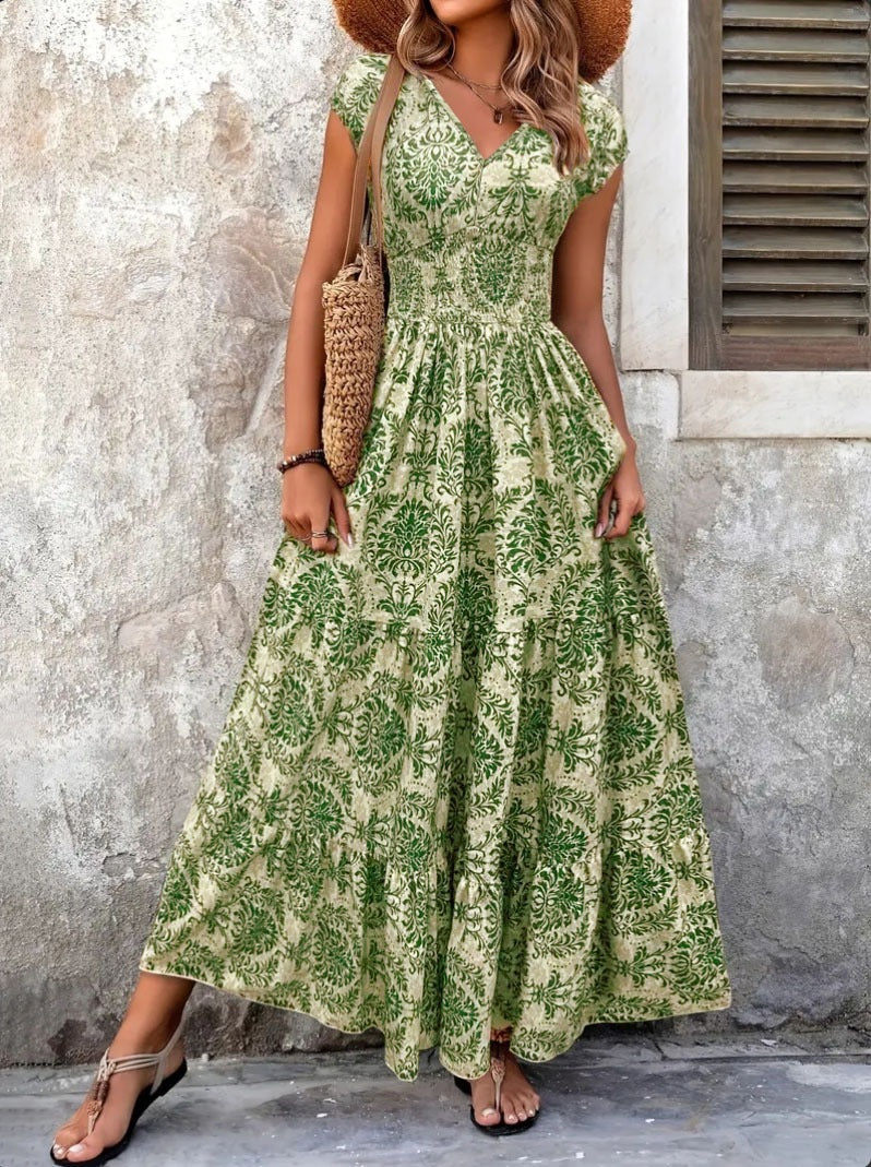 Bohemian Été Arrivée Mode Élégant Vintage Imprimer V-Neck manches courtes Maxi Robe