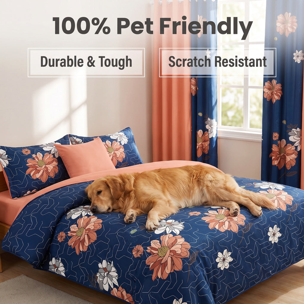 Couche de lit et rideau 9 piece bleu profond et rouge Floral