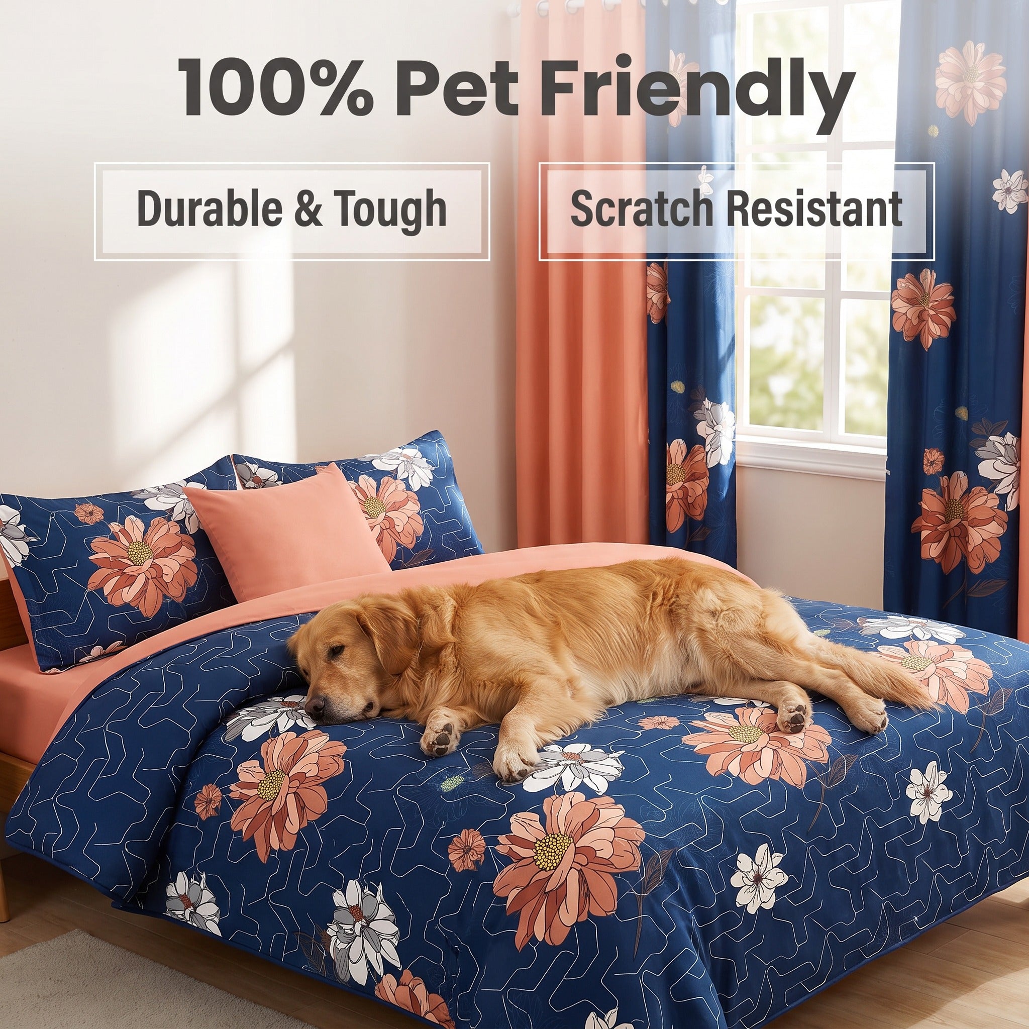 Couche de lit et rideau 9 piece bleu profond et rouge Floral