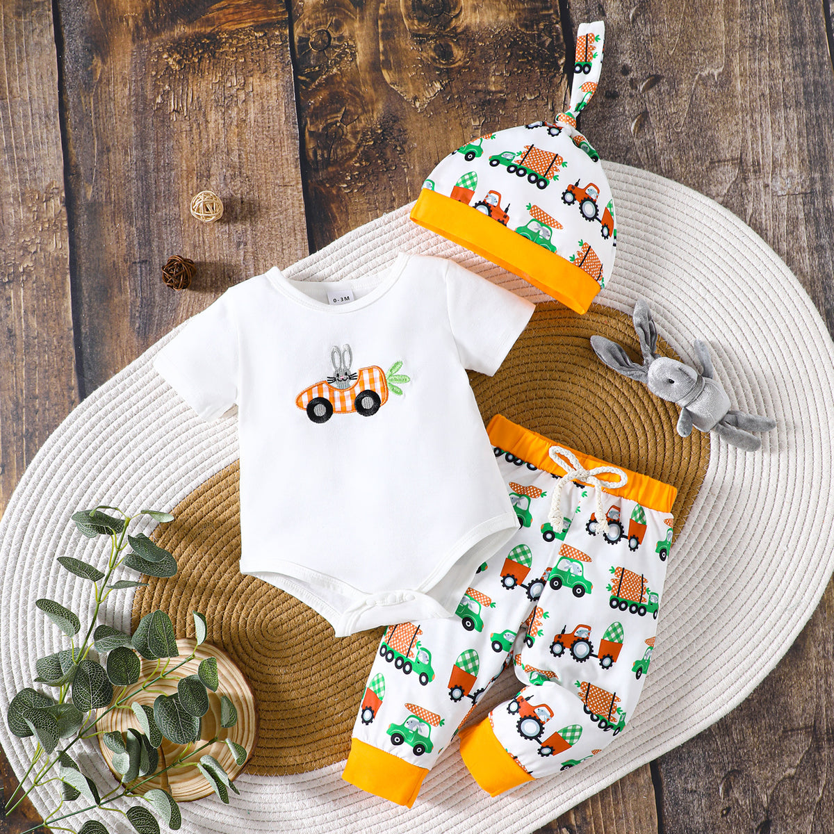 Carrot Bunny Embroidered Short Sleeve Romper and Pants
