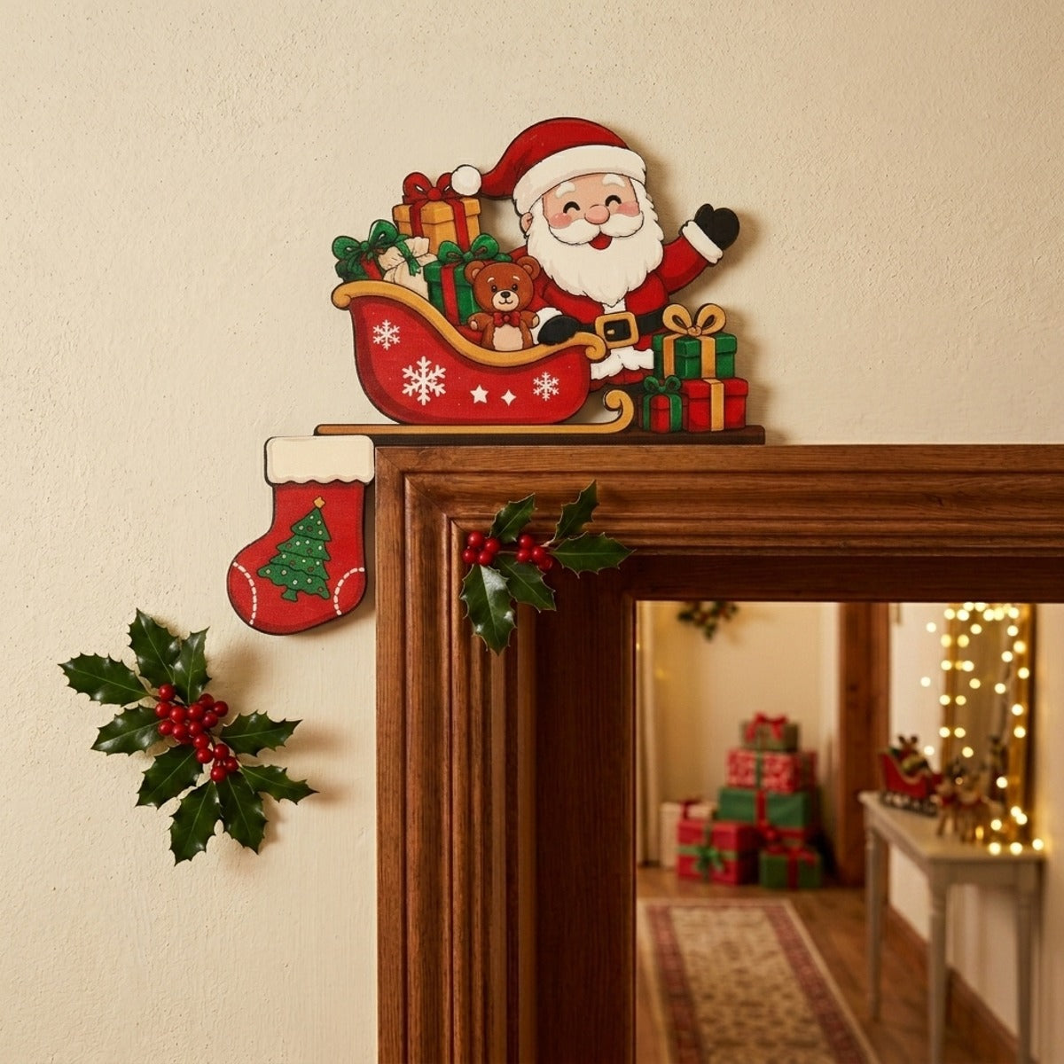 Ornement décoratif cadre de porte en bois de Noël