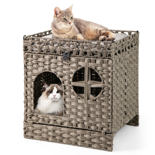 Condo de chat Wicker 2-Tier avec litière - boîte à litière cachée