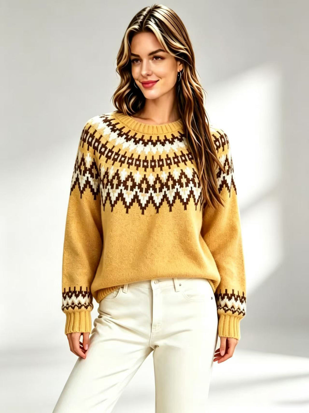 Femmes Retro Fair-Isle Knit Crew-Neck Sweater