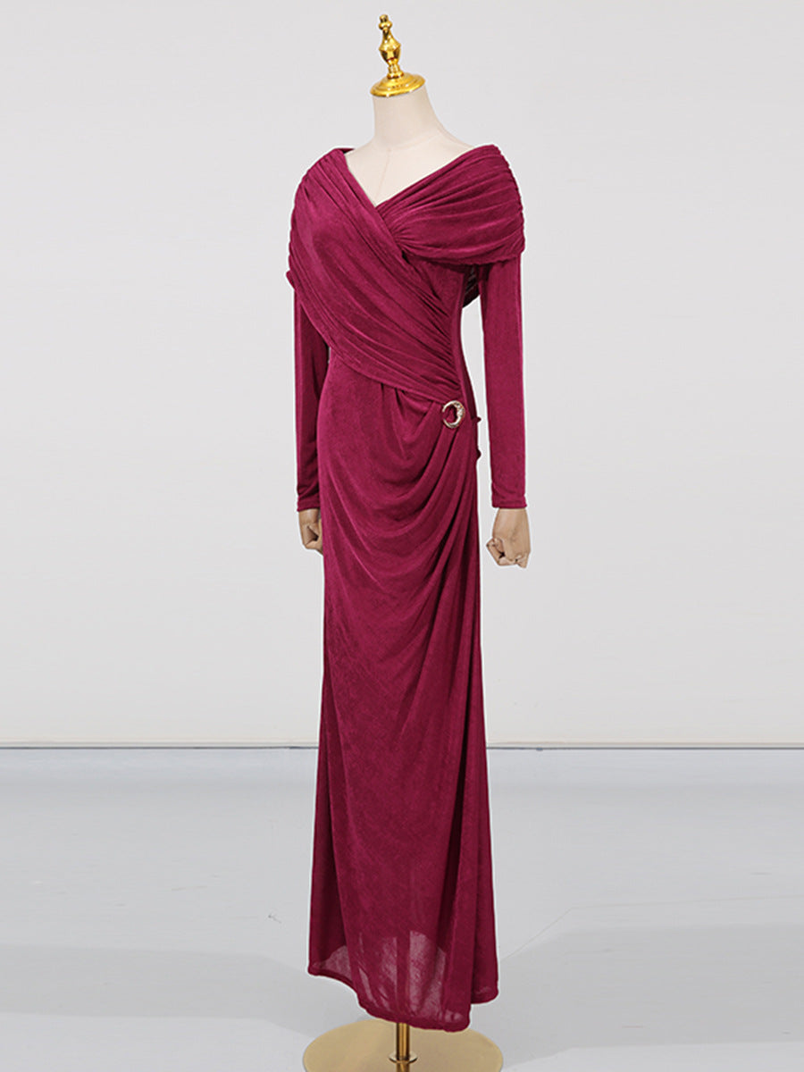 Robe de soirée à manches longues en col V drapé