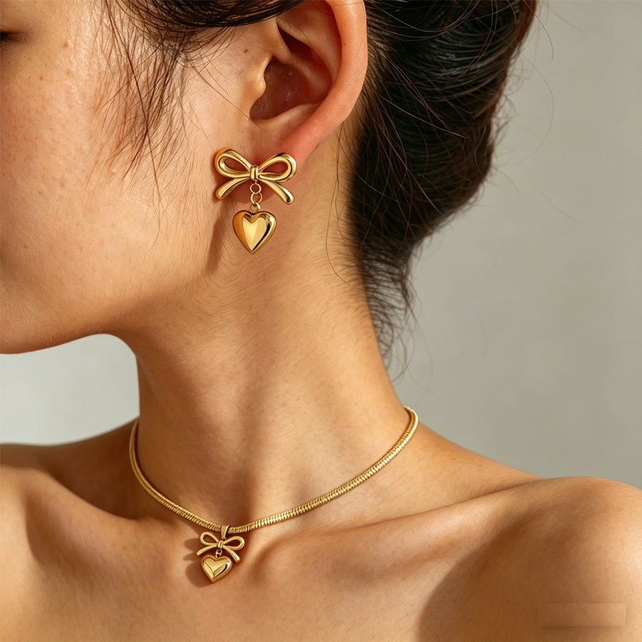 Femmes Bowknot 3D Puffy coeur bijoux Set Snake chaîne collier et boucles d'oreilles Stud 2Pcs Gold Si