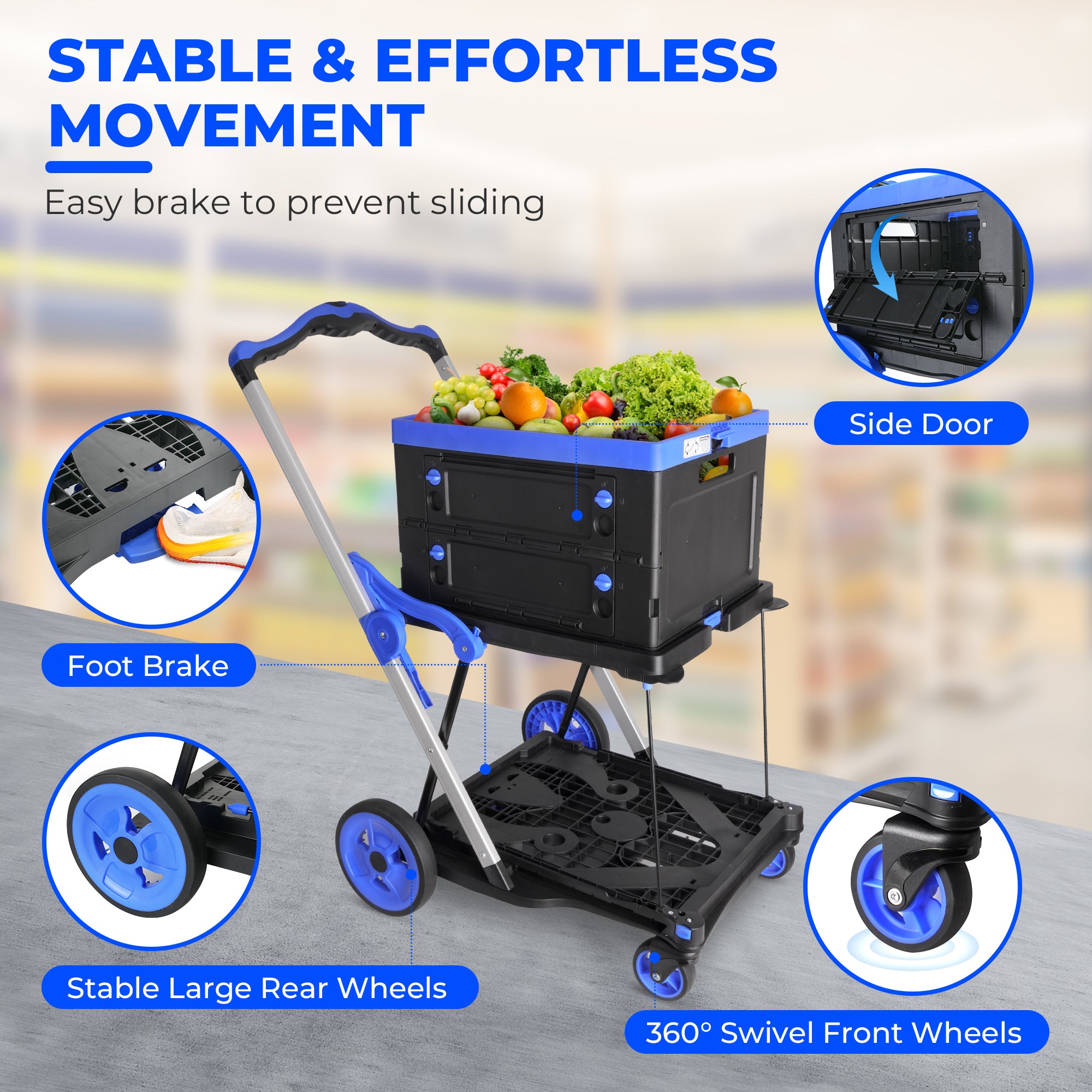 Chariot pliant 2-Tier Multi-Utilisation Fonctionnel Chariots Collapsibles Shopping Chariot avec Roues Sh