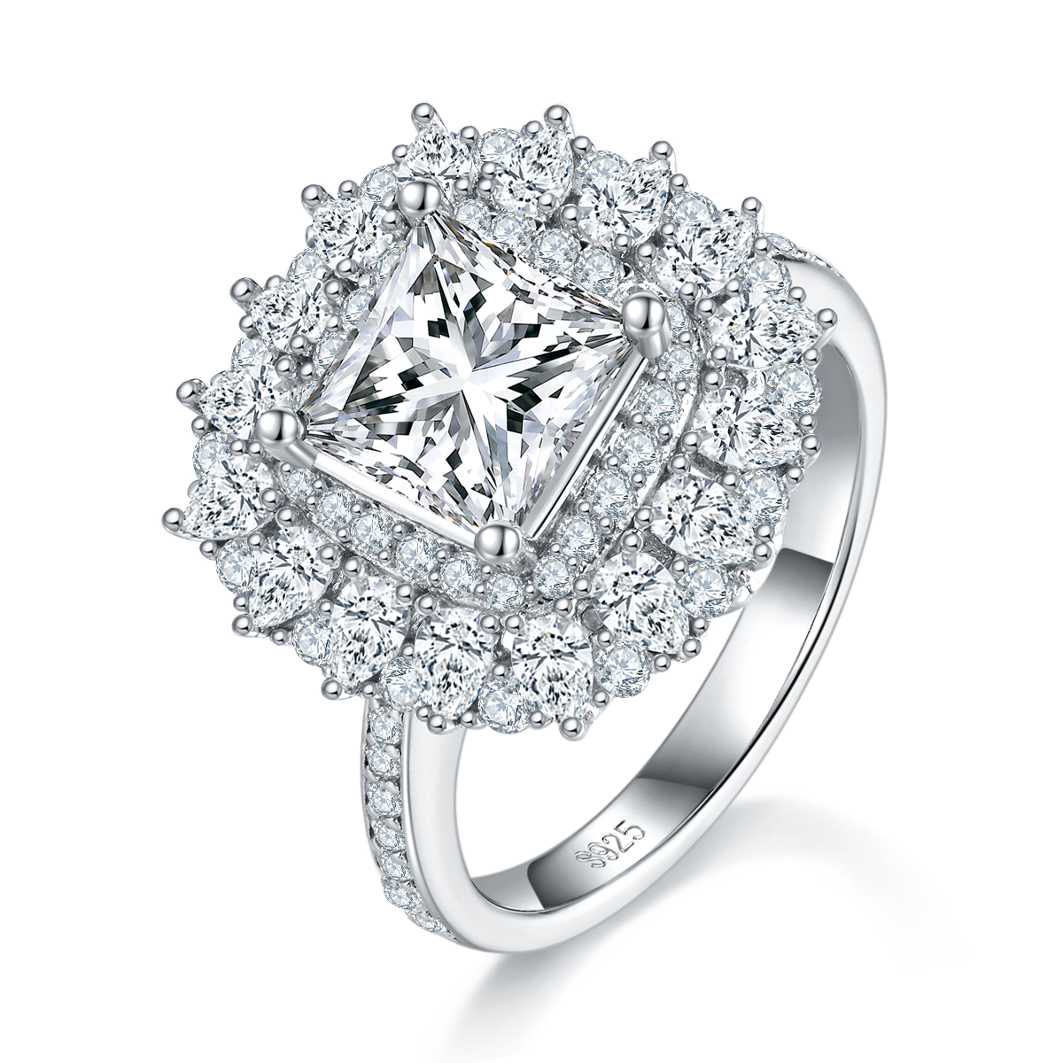 S925 Sterling Silver 2ct Princess Cut Moissanite Ring, D-VVS1 Double Halo Cluster, Platinum Plated 5.8g US Sizes 5-9, GRA Certificate Gift Box