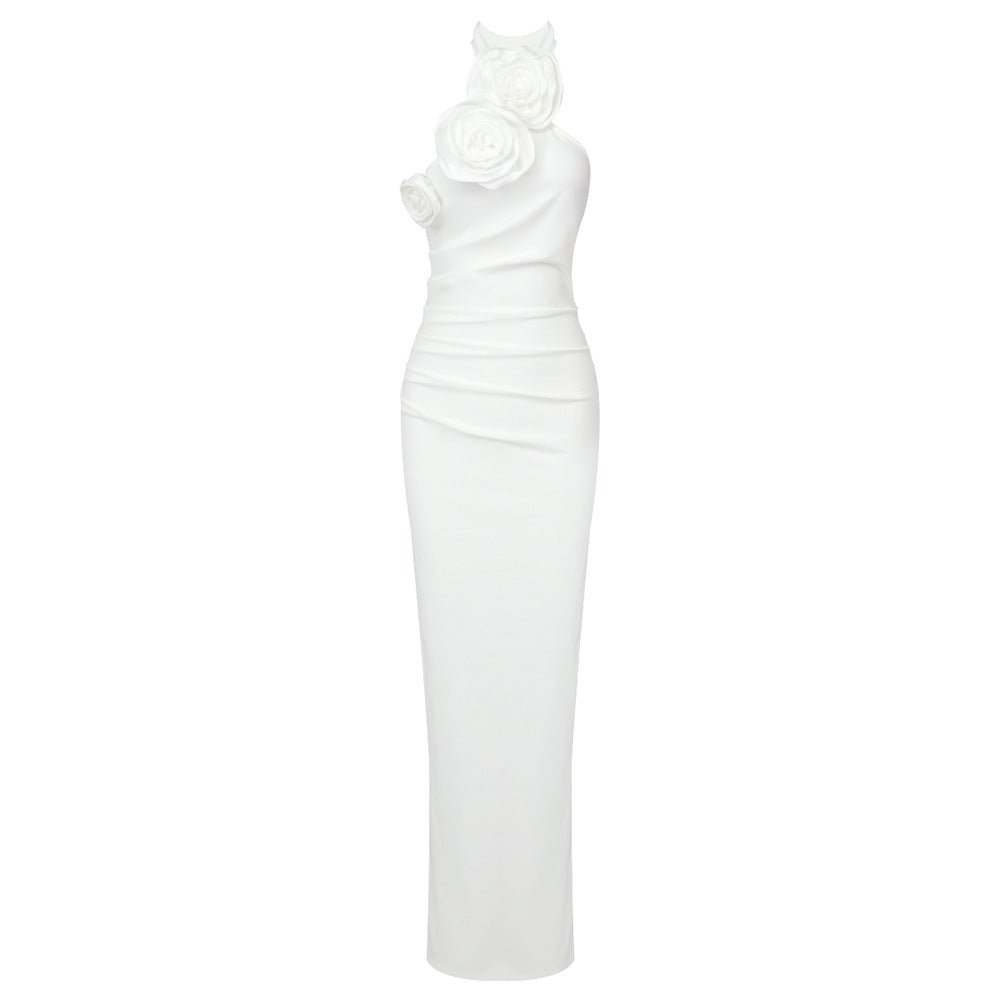 White Ribbon Flower Halter Long Dress with High-Slit