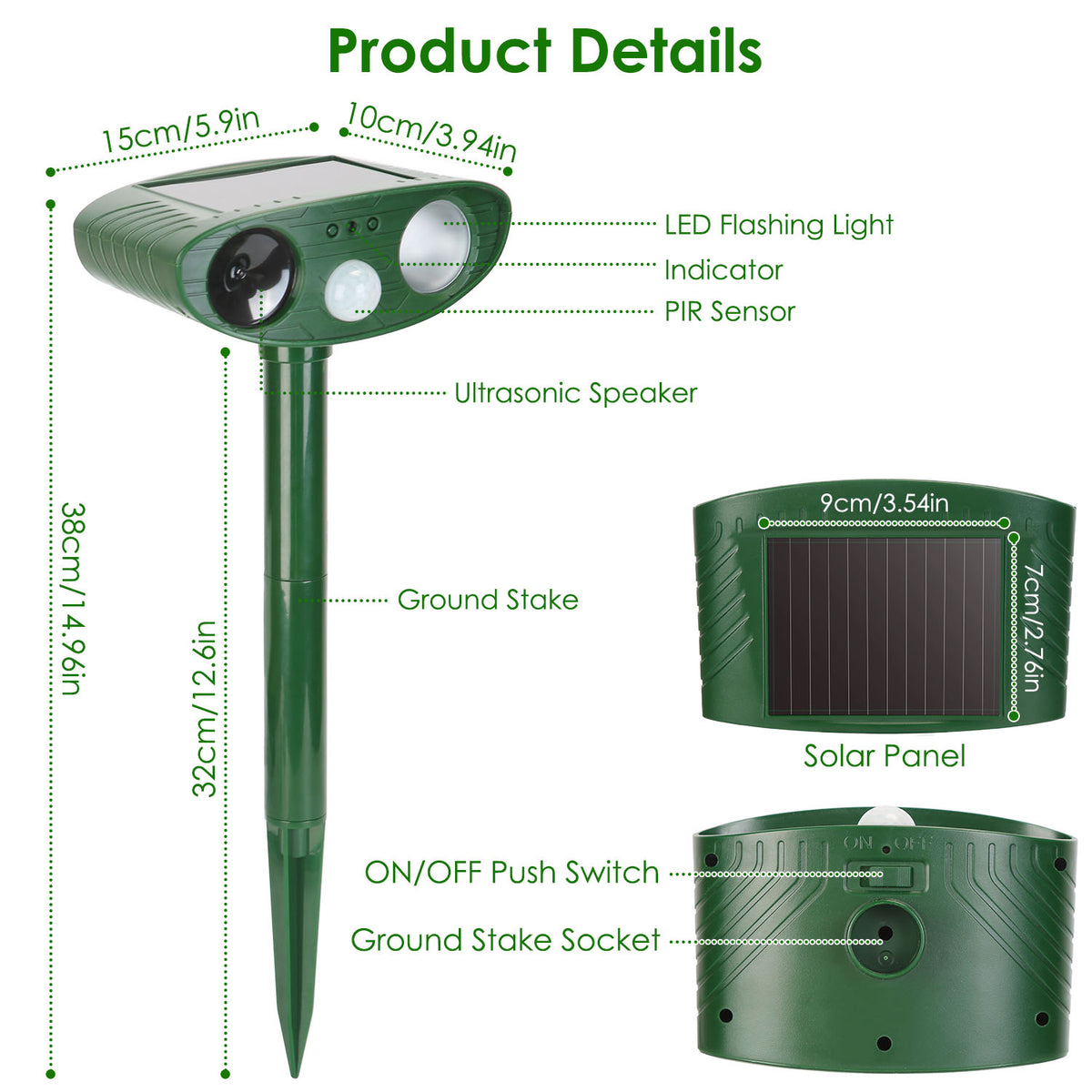 1Pc Solar Ultrasonic Animal Repeller Capteur PIR Chasseur repoussant les animaux avec un ligh clignotant