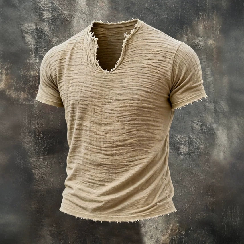 T-Shirt rétro doublé de coton avec l'ourlet en plumes et un manches courtes distinctive V-Neck