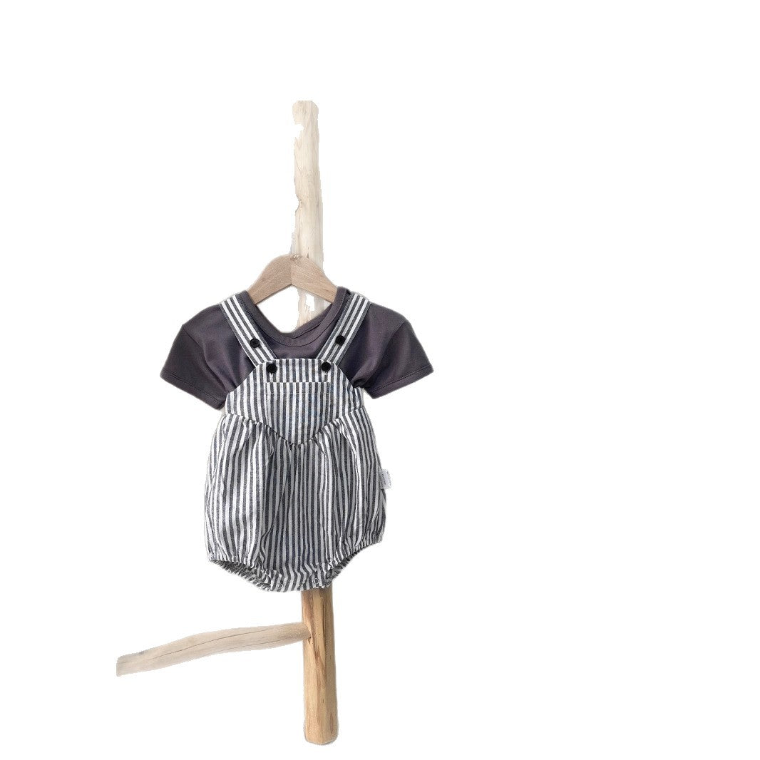 Unisex short-sleeved striped rompers with suspenders for summer