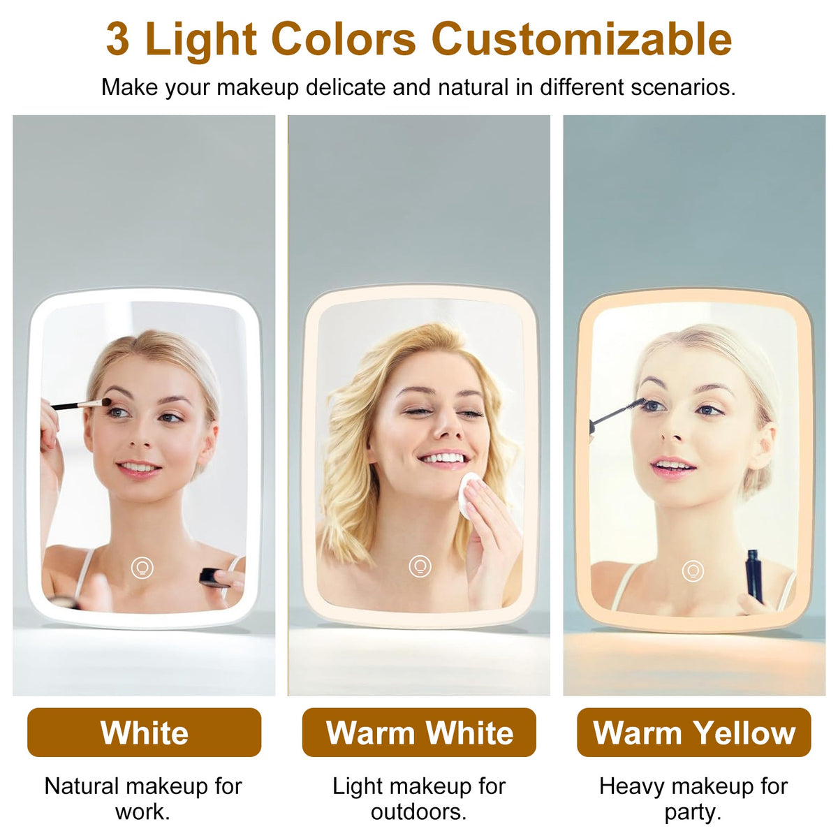 1Pc 5.98x8.62 en miroir de maquillage éclairé miroir de bureau de vanité petit miroir LED avec 3 col de lumière