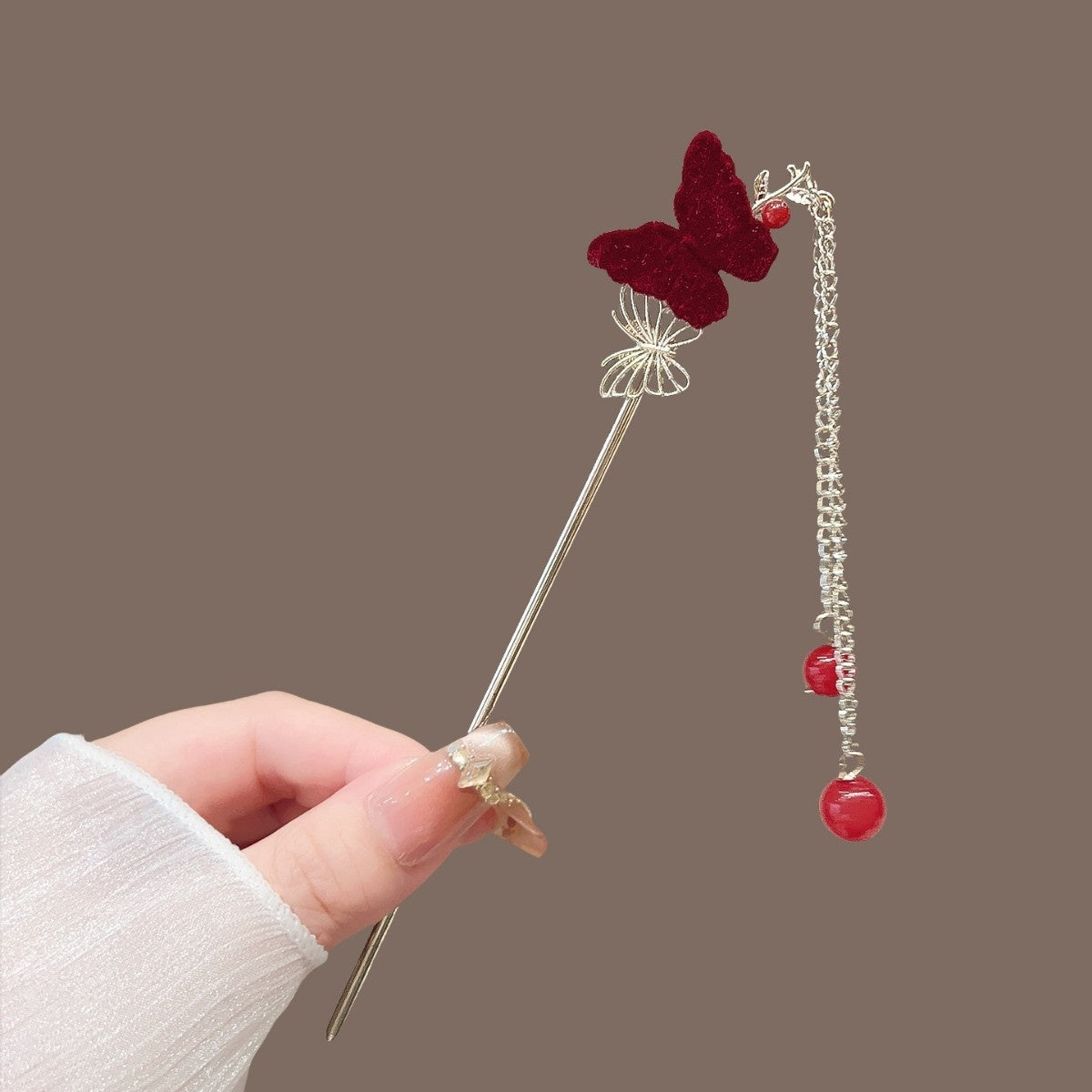 AutumnWinter Flocked Red Flower Hair Stick for Women Ma Mian Style