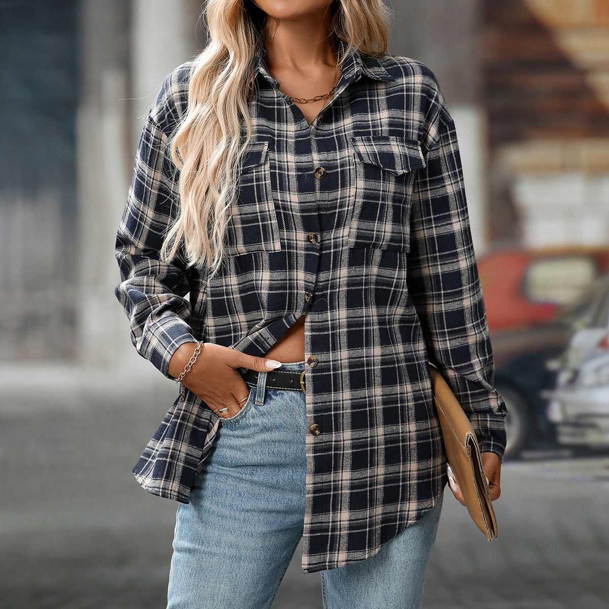 Autumn And Winter European and American Clothing Casual Fashion Loose Plaid Pocket Shirt F