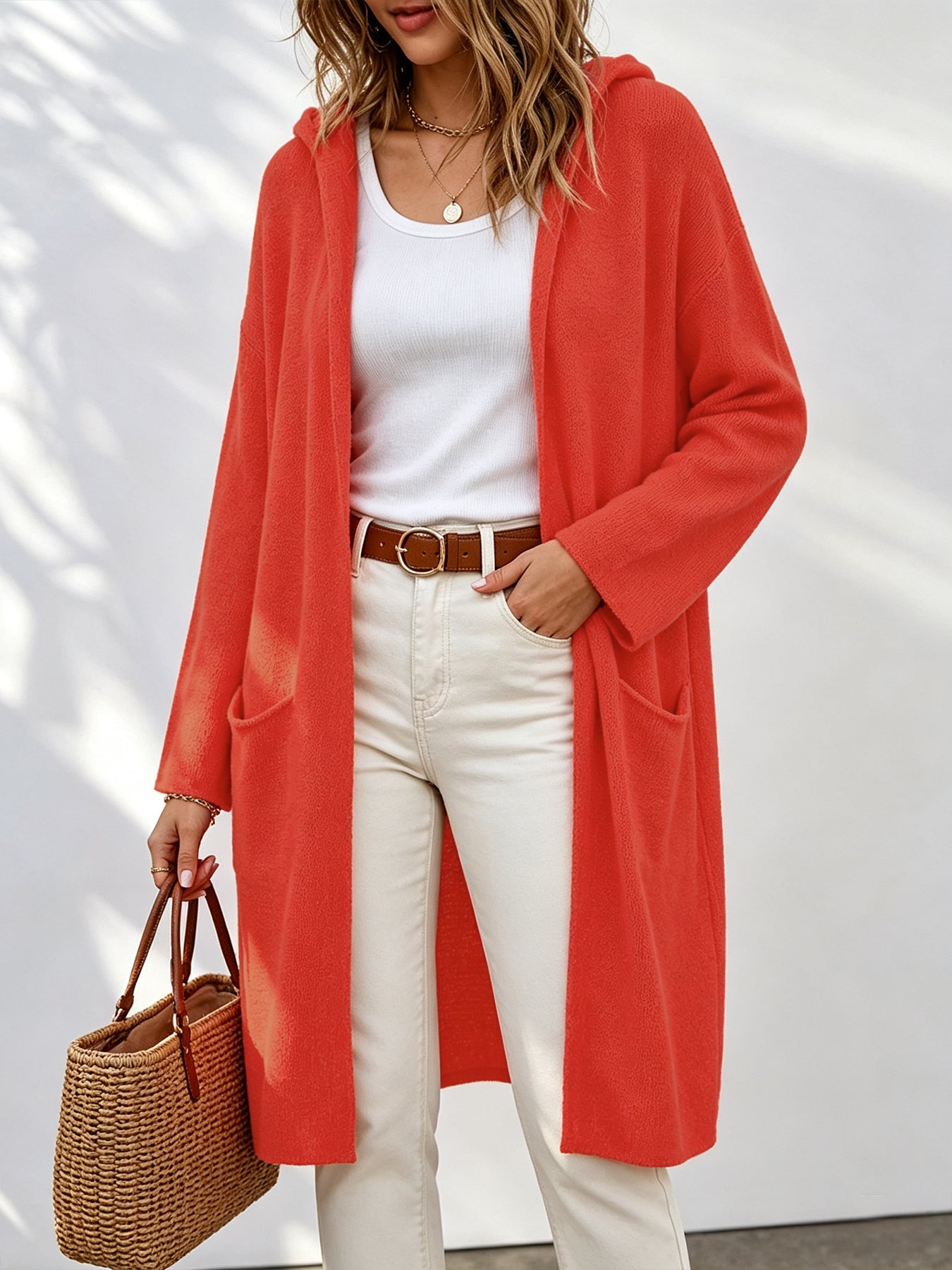 Printemps Automne Quotidien à capuche Long Cardigan