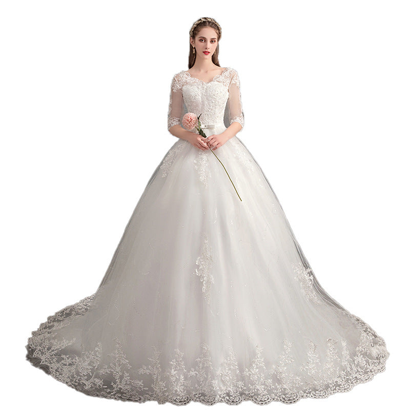 Robe de mariée Trailing Deep V Col Dentelle Haute Robe de mariée à manches longues