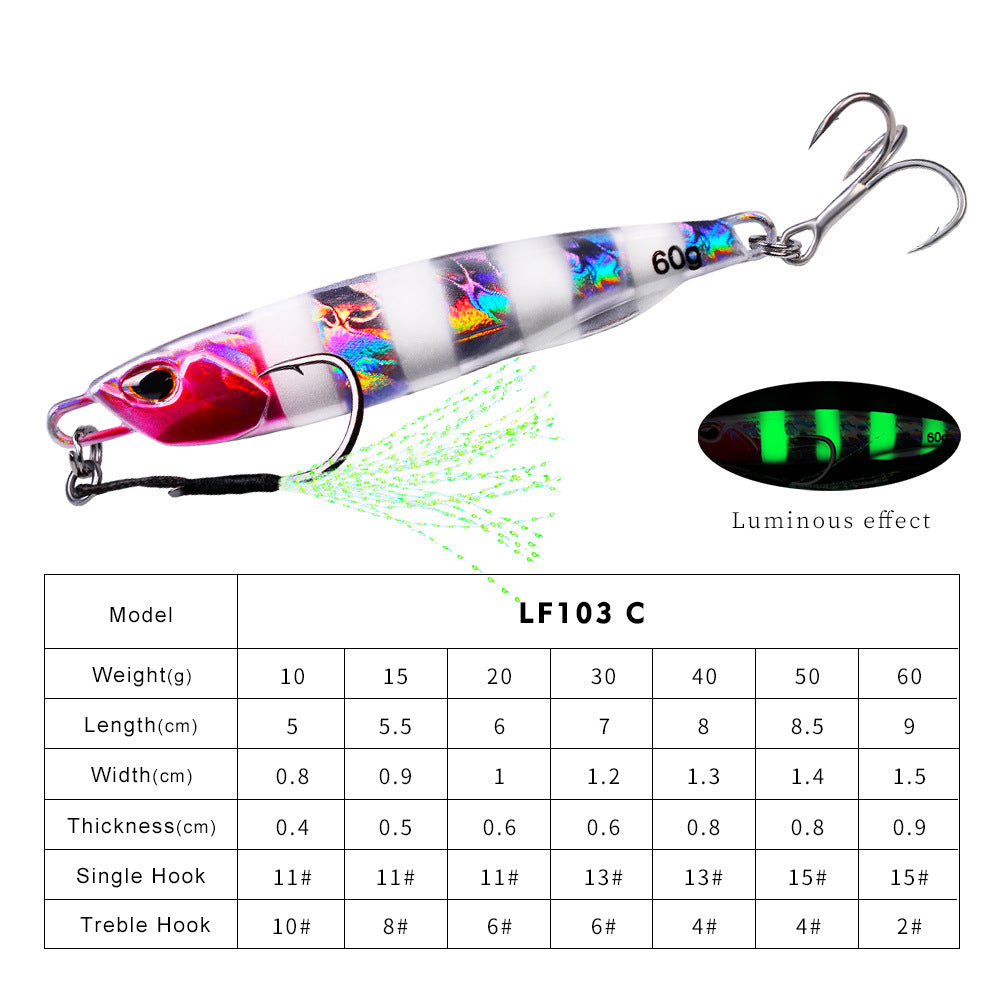 Luya Bait Submerged Tossing Lure plaque de fer Plomb lumineux de poisson avec crochet Treble