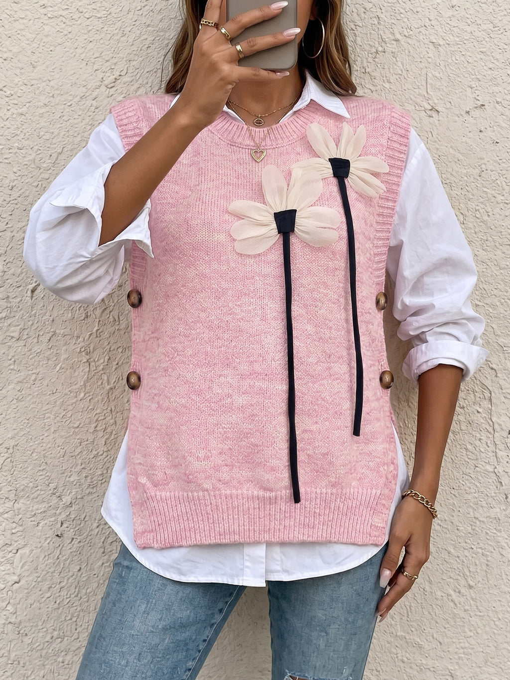 Automnehiver Femmes tricotées Veste de patchwork avec un collier rond et une couleur solide