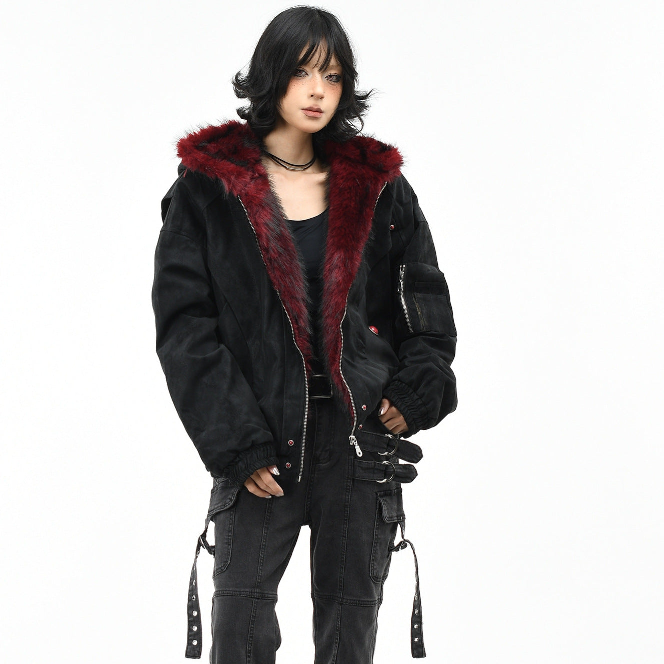 Mountain Carving Red Fur Collar Vintage PU en cuir polaire manteau chaud