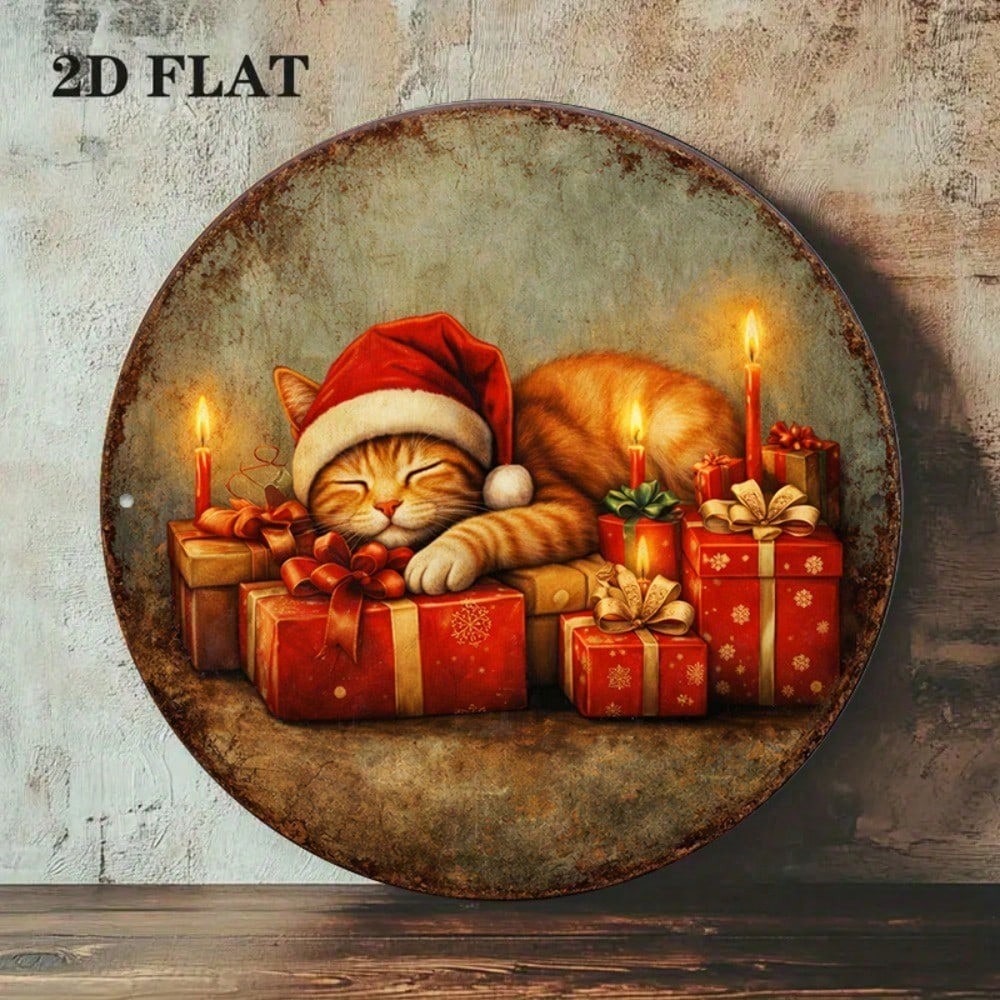 Vintage Christmas Kittens rond panneau 8x8in mignon Xmas décoration murale