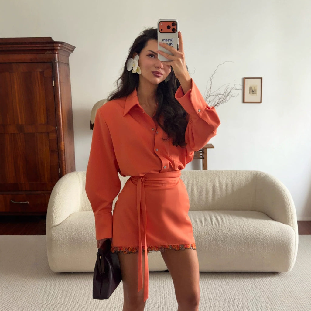 Chemise à manches longues et ensemble de jupes Midi en dentelle