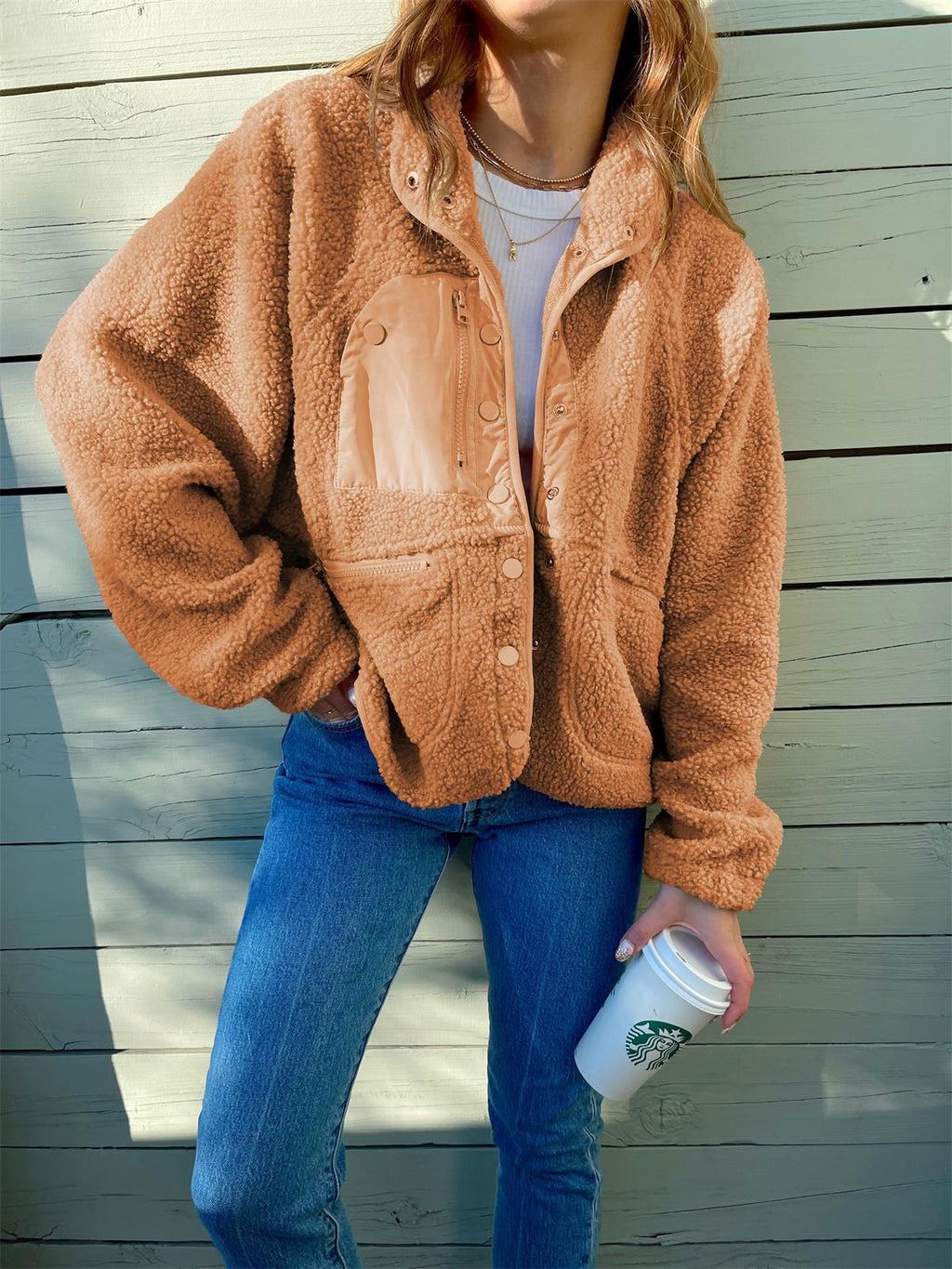 Veste en peluche cardigan courte Laine d'agneau
