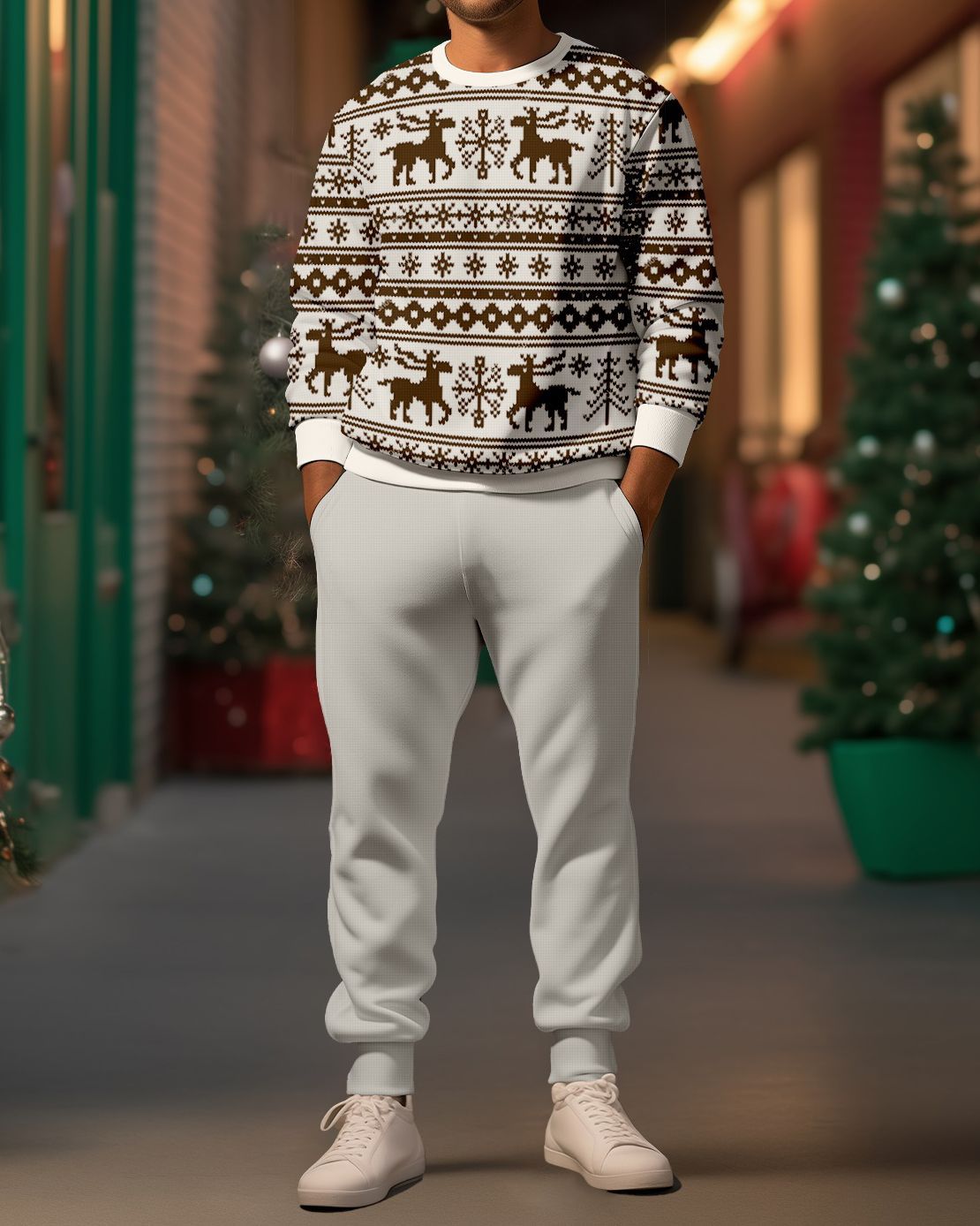 Autumn Men's Crew Neck Long Sleeve Top and Pantalons Set with Christmas Festival Prints