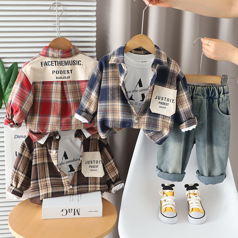 Chemise en Plaid pour Enfants avec Pockets 3 pièces Trendy Outfit