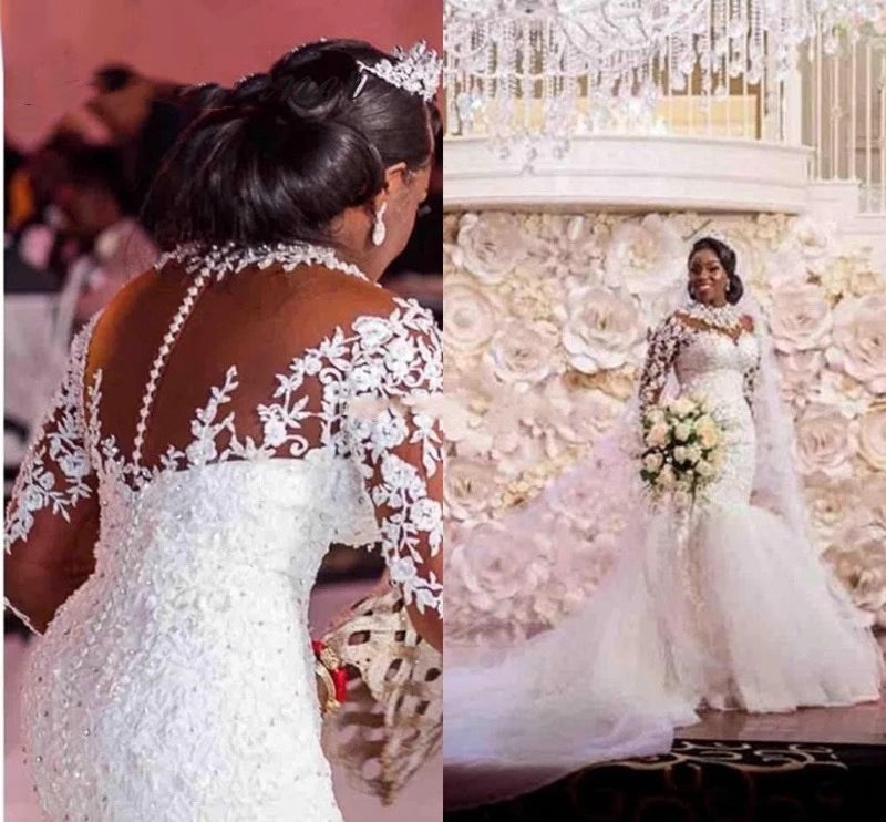 Robe de mariée blanche sirène manches longues