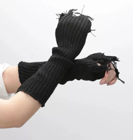 1paire Black Tattered Punk Unisex Gants sans doigts Cuff Knit Gants