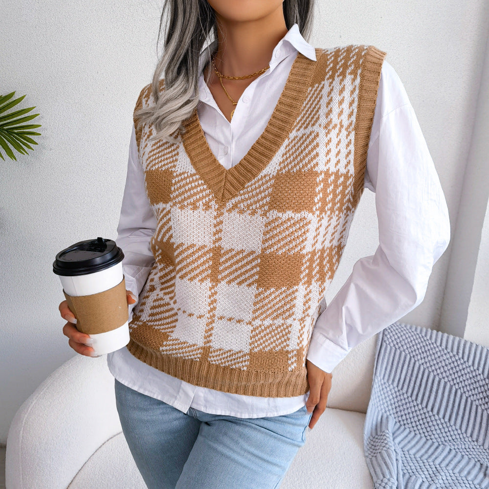 Bloqué de couleur Plaid Veste tricotée Pantoufle pour femmes