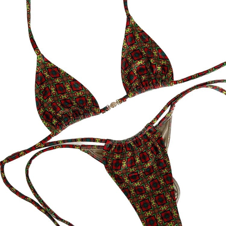 Mini Retro-print Sexy Open-back Bikini Set