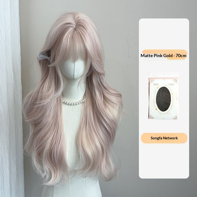Foggy Pink-or Naturel Long Curls Perruque pleine tête
